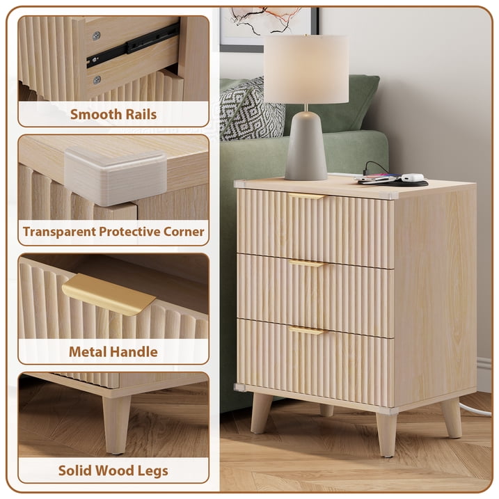 Aufeile 4 Piece Boho Dresser Set for Bedroom, 6 Drawer Dresser, 5 Drawer Tall Dresser & 2 Nightstands with 3 Drawers & USB Charging, Fluted Wood Bedroom Furniture Set, Natural