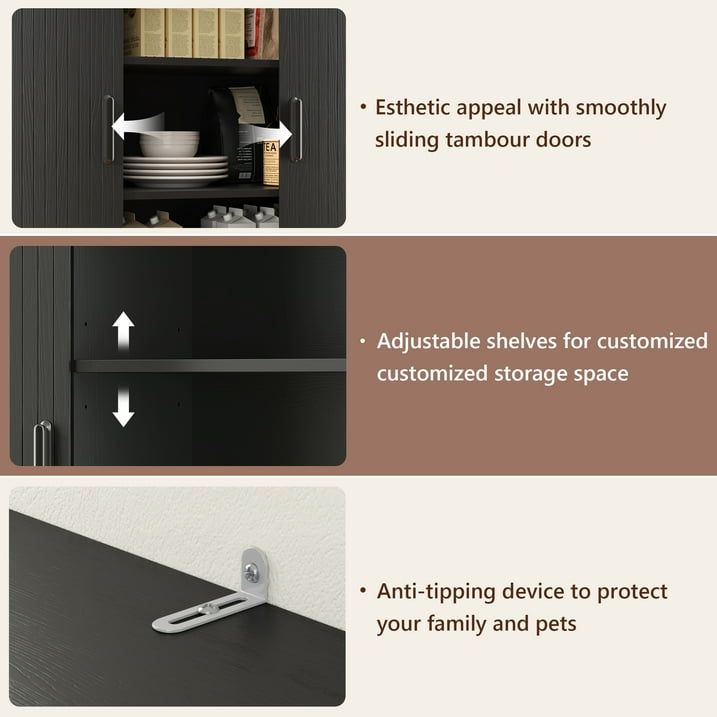 Aufeile 71" Kitchen Pantry Storage Cabinet with Charging Station, Coffee Bar Station with Tambour Sliding Door, 39" W Large Hutch with Adjustable Shelves for Kitchen, Dining Living Room, Black