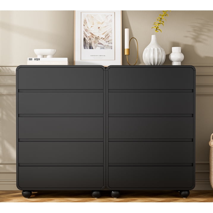 Aufeile 41" Tall Dresser for Bedroom, 5 Drawer Modern Wood Dresser with Curved Profile, Chest of Drawers for Bedroom, Vertical Storage Cabinet for Living Room, Entryway, Black