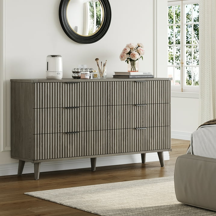 Aufeile 3 Piece Dresser and Nightstand Set for Bedroom, Boho 6 Drawer Dresser & 2 Nightstands with USB Charging, Fluted Wood Storage Cabine, Modern Bedroom Furniture Set, Dark Grey Oak