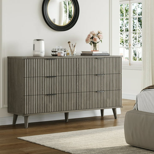 Aufeile 3 Piece Dresser and Nightstand Set for Bedroom, Boho 6 Drawer Dresser & 2 Nightstands with USB Charging, Fluted Wood Storage Cabine, Modern Bedroom Furniture Set, Dark Grey Oak
