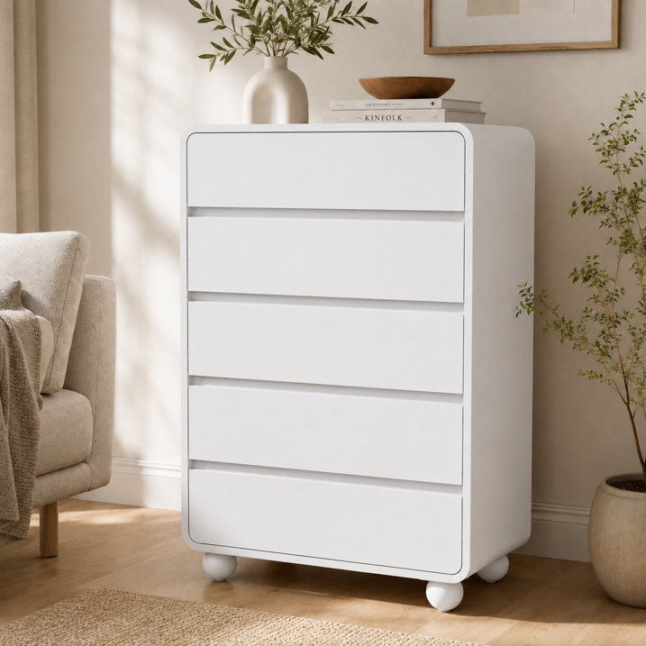 Aufeile 5 Drawer Wood Dresser Set of 2, 41" Tall Vertical Chest of Drawers with Curved Design, Modern Storage Cabinets for Bedroom, Living Room & Entryway, White