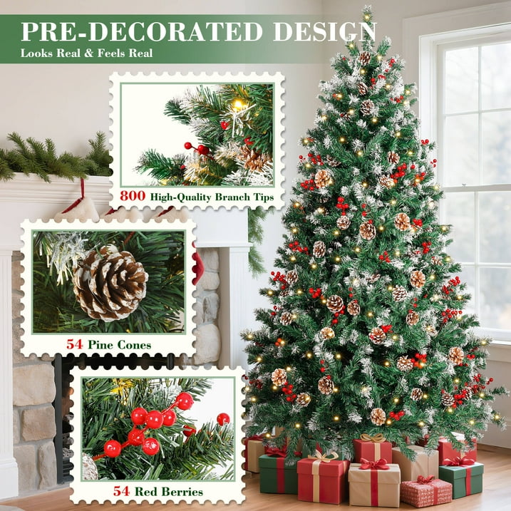 Aufelie 6ft Pre-lit Artificial Christmas Tree w/800 Tips, Holiday Decoration with 250 Warm White Lights, 54 Pines & 54 Red Berries, Hinged Xmas Tree for Home, Office, Party