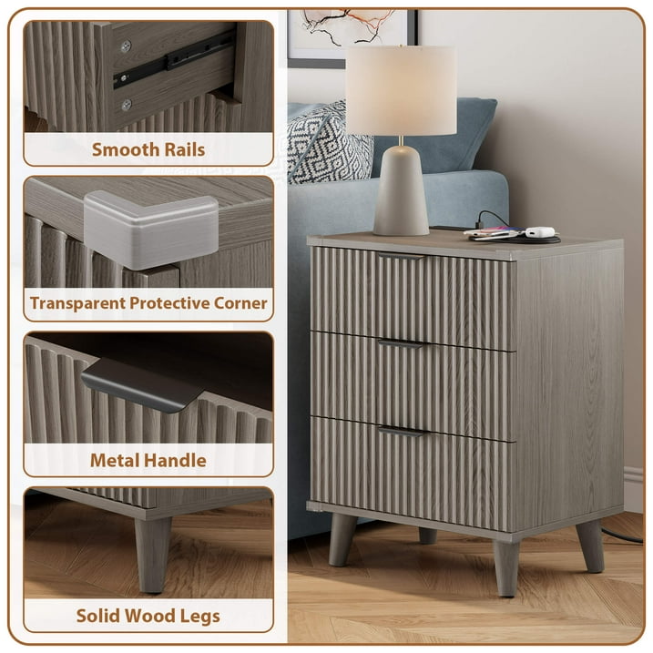 Aufeile 3 Piece Dresser and Nightstand Set for Bedroom, Boho 6 Drawer Dresser & Nightstands Set of 2 with 3 Drawers & USB Charging, Modern Bedroom Furniture Set, Dark Grey Oak