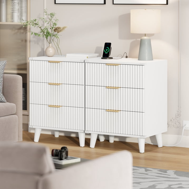 Aufeile 3 Piece Dresser and Nightstand Set for Bedroom, Boho 6 Drawer Dresser & Nightstands Set of 2 with 3 Drawers & USB Charging, Fluted Wood Storage Cabine, Modern Bedroom Furniture Set, White