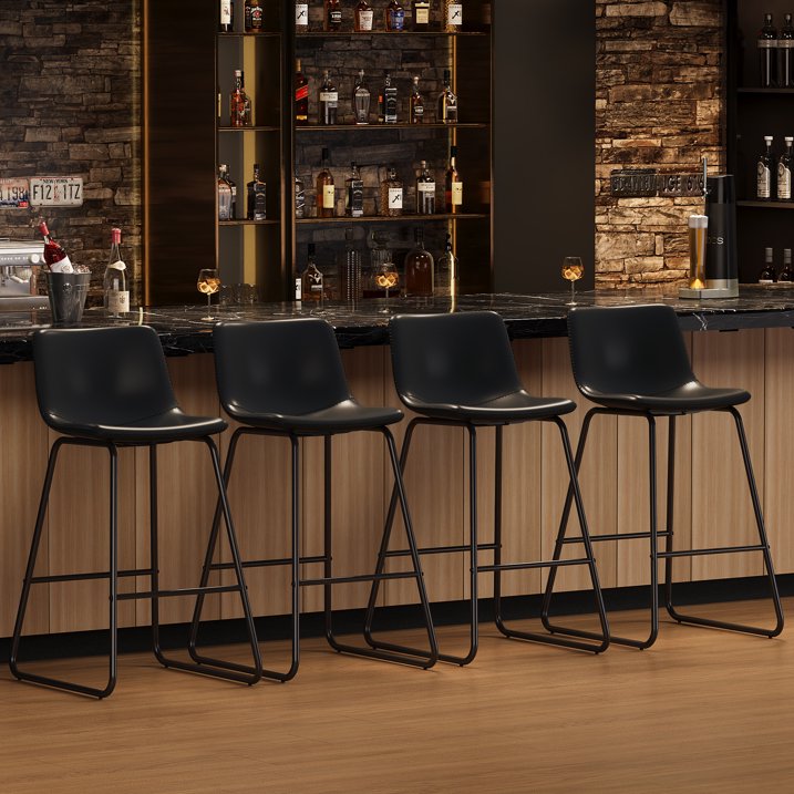 Aufeile 26" Counter Height Bar Stools Set of 3 – Modern Faux Leather Barstools with Back & Metal Legs, Kitchen Bar Chairs for Island, Dining Room, Black