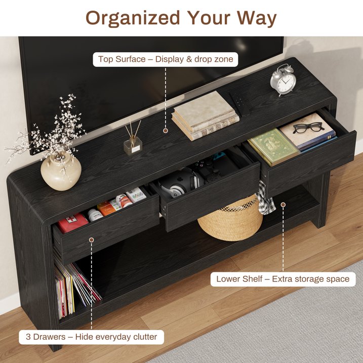 Aufeile Farmhouse Entryway Table, 55" Console Tables for Entryway with 3 Drawers and Open Shelf, Sofa Table Behind Couch, Wooden Entry Table for Entrance, Living Room, Hallway, Black