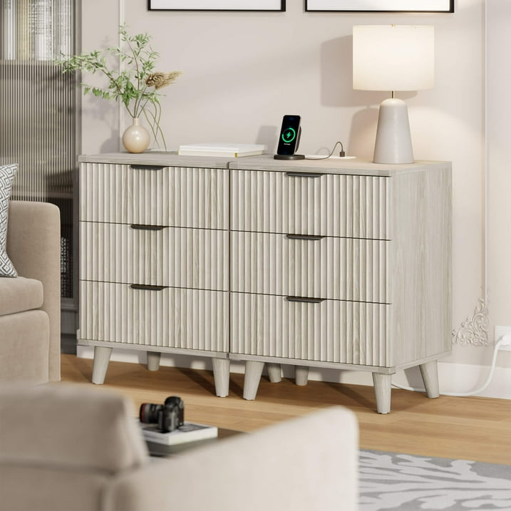 Aufeile 4 Piece Boho Dresser Set for Bedroom, 6 Drawer Dresser, 5 Drawer Tall Dresser & 2 Nightstands with 3 Drawers & USB Charging, Fluted Wood Bedroom Furniture Set, White Oak