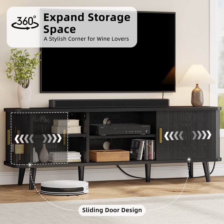 Aufeile TV Stand for 65 Inch TV, 59" Modern TV Stand with Power Outlet, Entertainment Center for Living Room, Fluted TV Console & Mueble Para TV with 2 Sliding Tambour Doors, Black