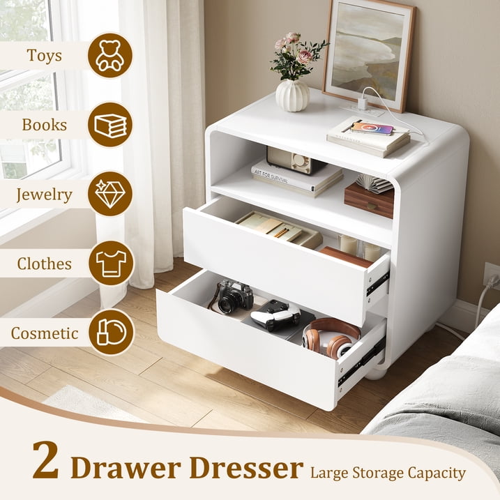 Aufeile Modern Curved Nightstand with Charging Station, 23.6" Wide Bedside Table with 2 Drawers & Open Shelf, Wooden Night Stand with USB & Type-C Ports for Bedroom or Living Room, White