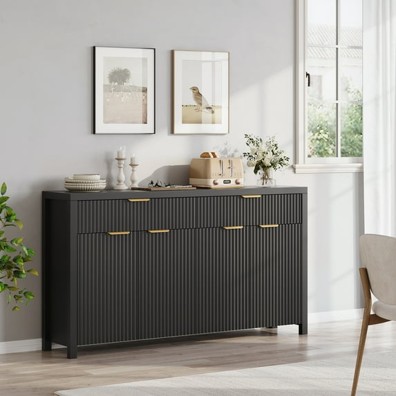 Aufeile Fluted Buffet Cabinet with 2 Drawers, 55L Large Sideboard Credenza with Adjustable Shelf for Dining Room Storage Cabinet, Kitchen Pantry Organizer, Coffee Bar Station, Black