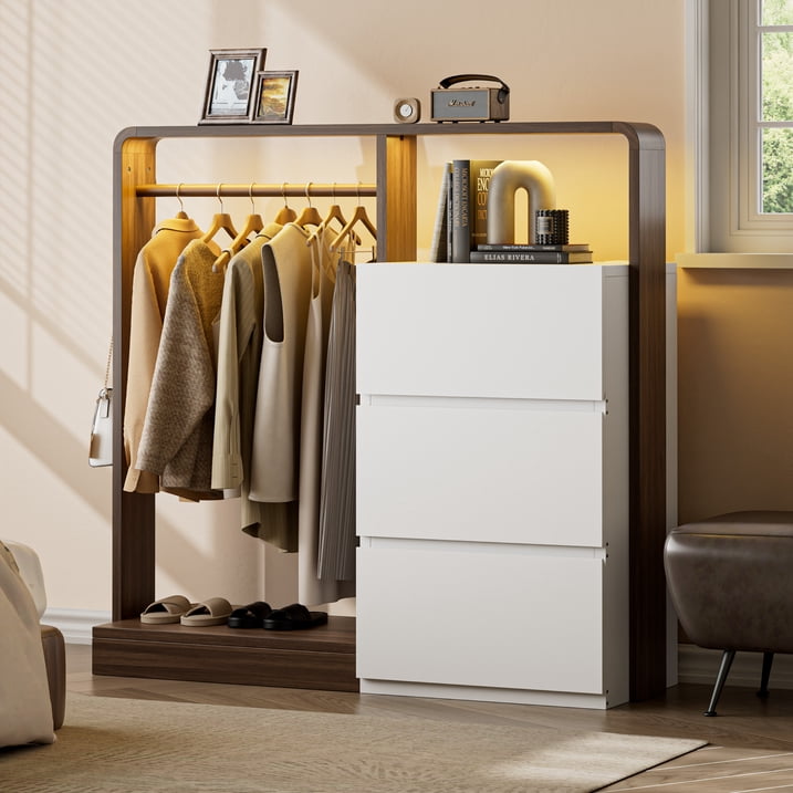 Aufeile Dresser for Bedroom, 3 Drawer Dresser with Hanging Rod, LED Lights & Charging Station, Modern Wood Storage Dresser Chest for Bedroom, Closet, Entryway, White