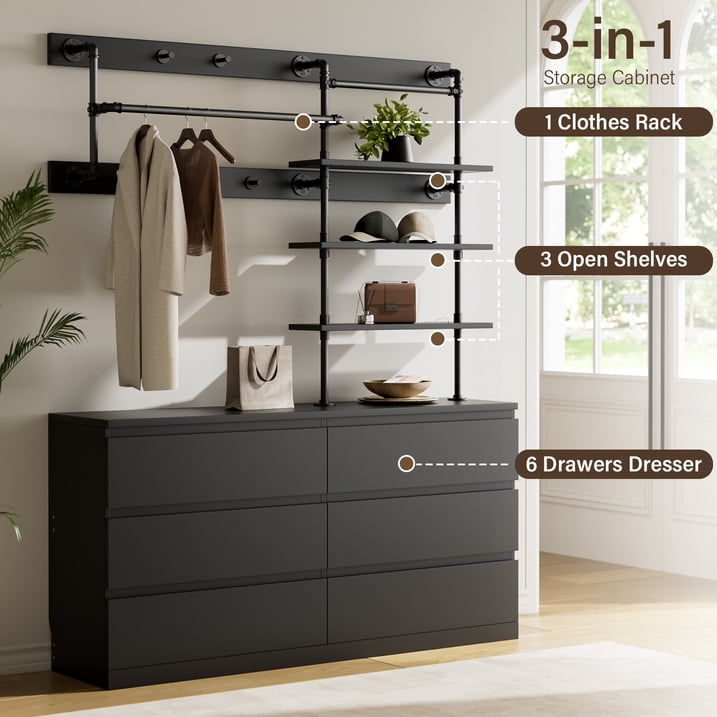 Aufeile 6 Drawer Dresser for Bedroom, 77" Tall Chest of Drawers with Hanging Rack, Industrial Wood Bedroom Dresser, Large Drawer Dresser Closet Organizer for Adults, Black