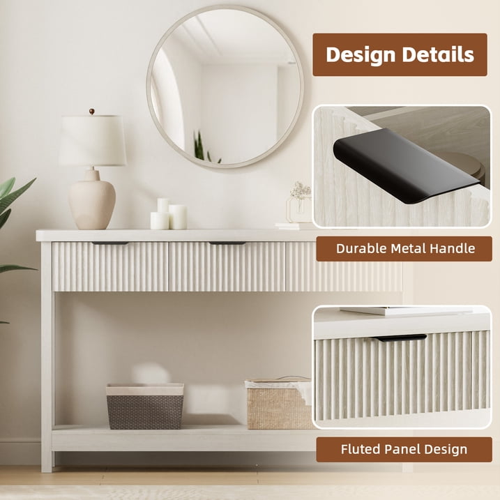 Aufeile 51" Console Table for Entryway, Fluted Entryway Table with 3 Storage Drawers and Open Shelf, Narrow Couch Sofa Table for Living Room Hallway Entrance Foyer, White Oak