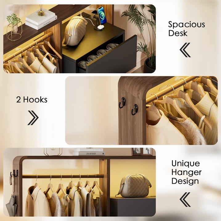 Aufeile Dresser for Bedroom, 3 Drawer Dresser with Hanging Rod, LED Lights & Charging Station, Modern Wood Storage Dresser Chest for Bedroom, Closet, Entryway, Black