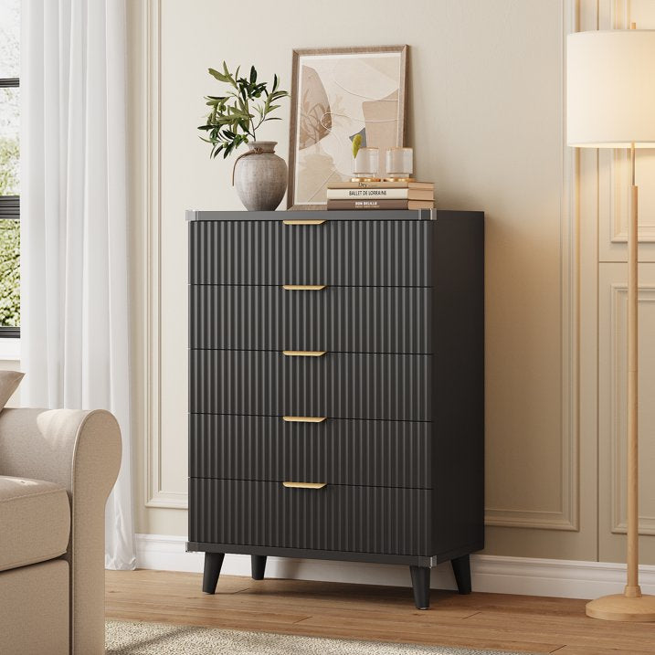 Aufeile 39.4" Tall Dresser for Bedroom, 5 Drawer Fluted Wood Dresser, Modern Chest of Drawers with Wave Panel, Slim Storage Cabinet for Small Spaces, Black