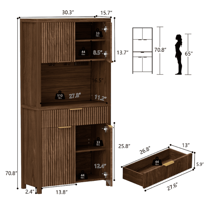 Aufeile 71" Tall Pantry Storage Cabinet with Drawer and Charging Station, Fluted Pantry Cabinet with Adjustable Shelves for Kitchen Dining Room Living Room, Black