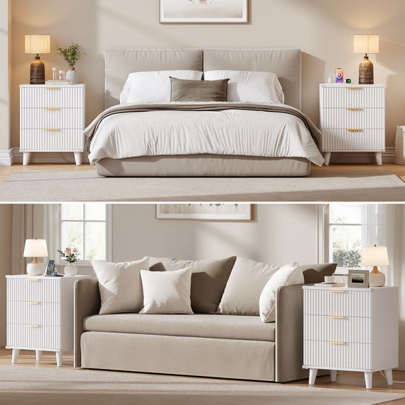Aufeile Fluted Nightstand for Bedroom with Charging Station, Modern Bedside Table with 3 Drawers, Wood Sofa Side End Table for Bedroom, Living Room, White