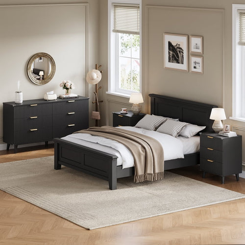 Aufeile 3 Piece Dresser and Nightstand Set for Bedroom, Boho 6 Drawer Dresser & Nightstands Set of 2 with 3 Drawers & USB Charging, Fluted Wood Storage Cabine, Modern Bedroom Furniture Set, Black