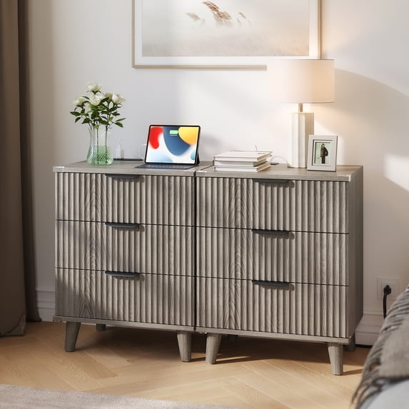 Aufeile Nightstand with Charging Station, 3 Drawer Nightstand for Bedroom, Fluted Bedside Table with USB Ports, Modern Wood Bedroom Side Table with Drawers, Dark Gray