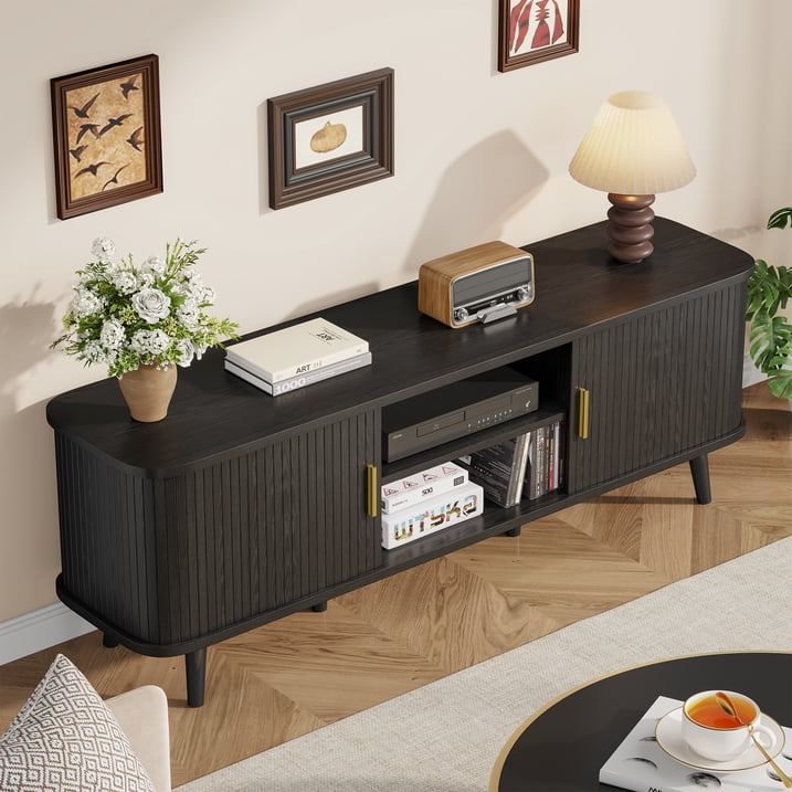 Aufeile TV Stand for 65 Inch TV, 59" Modern TV Stand with Power Outlet, Entertainment Center for Living Room, Fluted TV Console & Mueble Para TV with 2 Sliding Tambour Doors, Black