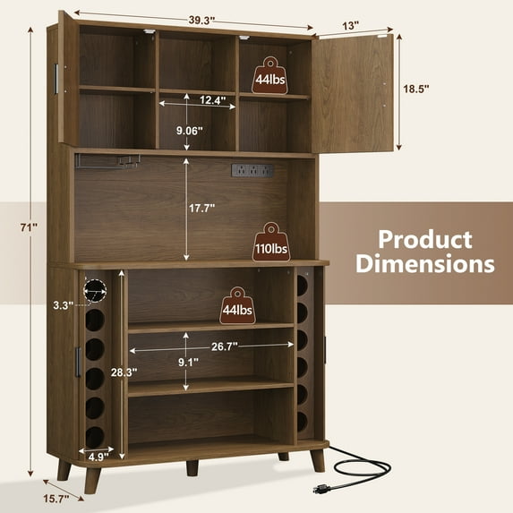Aufeile Pantry, 71" Tall Kitchen Pantry Cabinet with Charging Station, Pantry Storage Cabinet with Countertop and Sliding Doors, 39" Wide Modern Kitchen Hutch for Dining Room, Living Room, Walnut