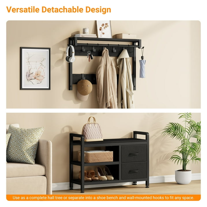 Aufeile Hall Tree with Bench, 6-in-1 Entryway Storage Organizer with Shoe Rack, 17 Hooks, 2 Drawers, Hanging Rod & Top Shelf, Industrial Coat Rack for Hallway, Living Room, Black