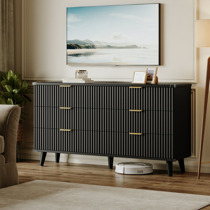 Aufeile 6 Drawer Dresser for Bedroom, 53" Wood Dressers for Bedroom, Modern Fluted Dresser & Bedroom Dresser for Adults, Long Dresser for Bedroom TV Stand, Black