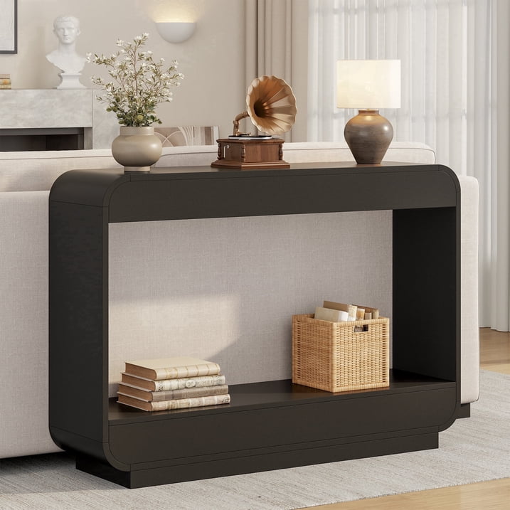 Aufeile 43" Console Table, Curved Entryway Table with Storage, 2-Tier Wood Sofa Table Behind the Couch, Narrow Entry Table for Hallway Foyer Entrance, Black