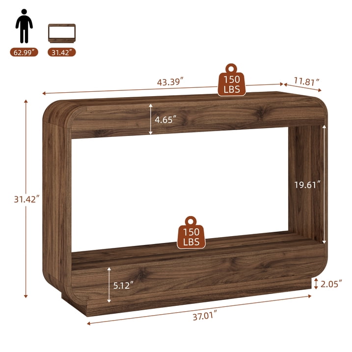 Aufeile 43" Entryway Table, Curved Console Table for Entryway, 2-Tier Wood Sofa Table with Open Storage Shelves Behind the Couch, Narrow Entry Table for Hallway Entrance Foyer, Walnut