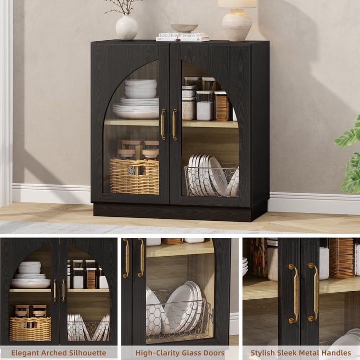 Aufeile Sideboard Buffet Cabinet with Adjustable Shelf, Arched Glass Door Accent Storage Cabinet for Kitchen Dining Living Room, Black Set of 3