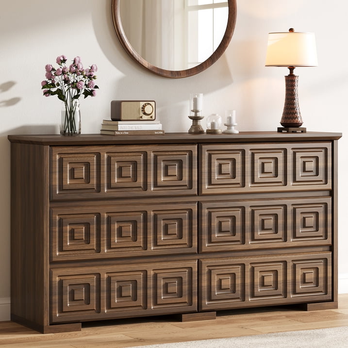 Aufeile Dresser and Nightstand 3 Piece Set - Includes Double 6 Drawer Farmhouse Dresser, Nightstand Set of 2 with Charging Station, Vintage Bedroom Set, Walnut