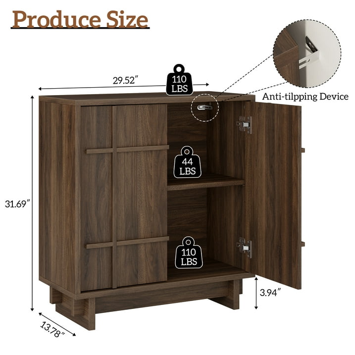 Aufeile Modern Sideboard, 30" Buffet Cabinet with Adjustable Shelf, Farmhouse Accent Storage Cabinet for Kitchen, Living Room, Dining Room, Entryway, Walnut Set of 2