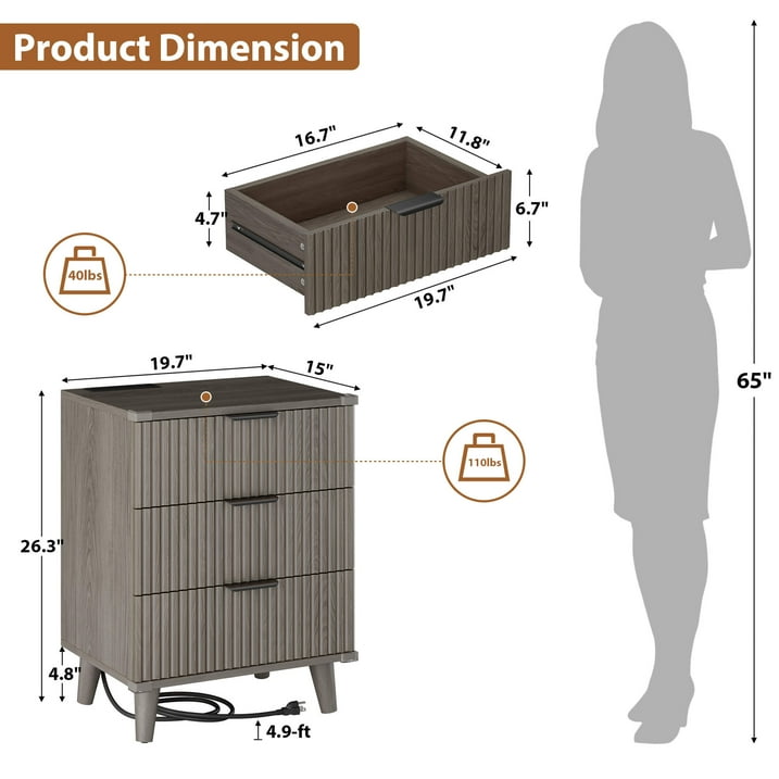 Aufeile 4 Piece Boho Dresser Set for Bedroom, 6 Drawer Dresser, 5 Drawer Tall Dresser & 2 Nightstands with 3 Drawers & USB Charging, Fluted Wood Bedroom Furniture Set, Dark Grey Oak