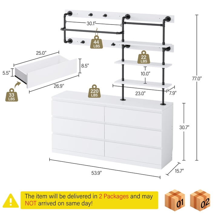 Aufeile 6 Drawer Dresser for Bedroom, 77" Tall Chest of Drawers with Hanging Rack, Industrial Wood Bedroom Dresser, Large Drawer Dresser Closet Organizer for Adults, White