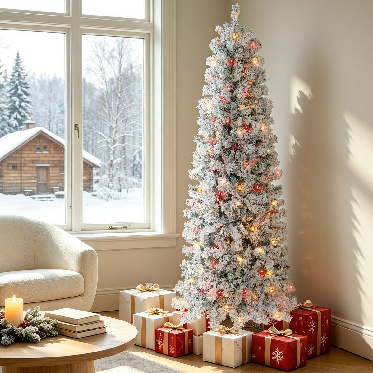 Aufeile 6FT Pencil Christmas Tree with Snow Flocked, 502 Branch Tips & 250 Multicolor LED Lights, Pre-Lit Artificial Christmas Tree, Flocked Slim Christmas Tree for Home