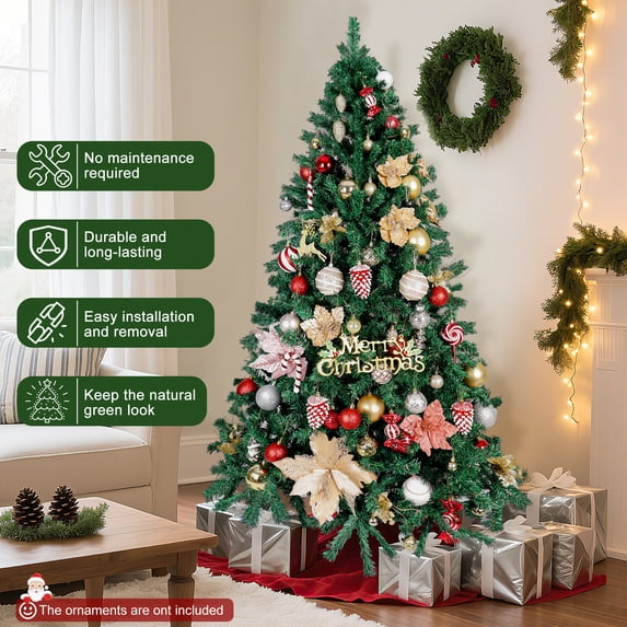Aufeile 6FT Artificial Christmas Tree, Unlit Faux Spruce Tree with 800 Branch Tips, Folding Metal Stand, Indoor Outdoor Holiday Home Decor