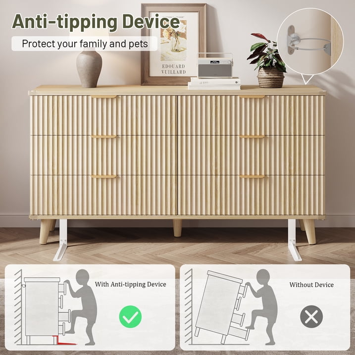 Aufeile 3 Piece Dresser and Nightstand Set for Bedroom, Boho 6 Drawer Dresser & 2 Nightstands with USB Charging, Fluted Wood Storage Cabine, Modern Bedroom Furniture Set, Natural