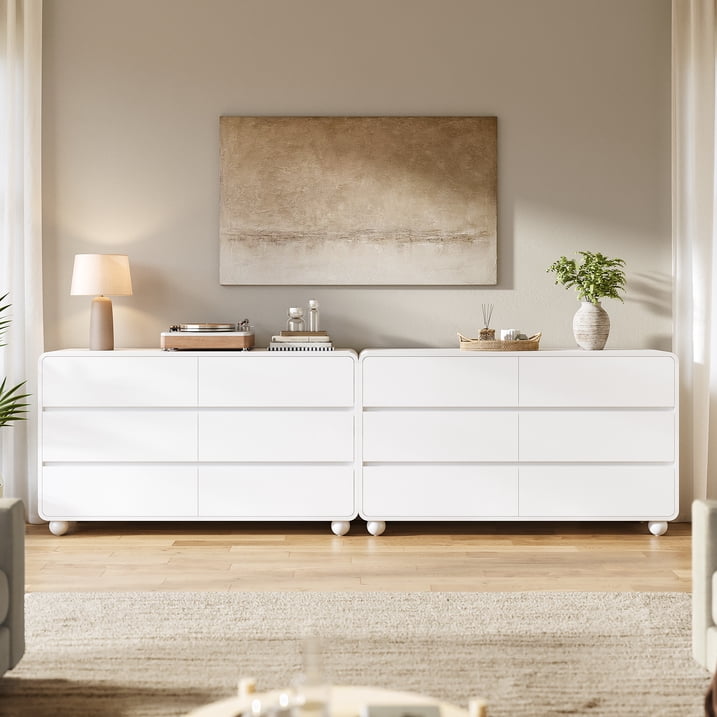 Aufeile Dresser for Bedroom, 6 Drawer Dresser & Chest of Drawers, 53" Modern Chest of Drawers with Curved Profile Design, Wood Dresser Storage Organizer for Adults, White