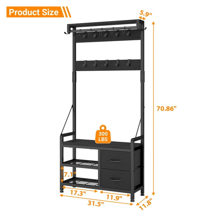 Aufeile Hall Tree with Bench, 6-in-1 Entryway Storage Organizer with Shoe Rack, 17 Hooks, 2 Drawers, Hanging Rod & Top Shelf, Industrial Coat Rack for Hallway, Living Room, Black