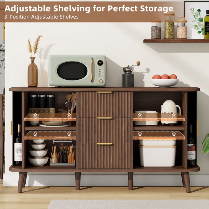 Aufeile Sideboard Buffet Cabinet, 55" Storage Cabinet with 3 Drawers and Adjustable Shelves, Modern Accent Cabinet for Kitchen, Dining Living Room, Entryway, Hallway, Walnut