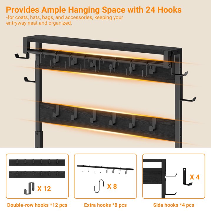 Aufeile 6-in-1 Hall Tree with Bench, Wide Entryway Bench with Shoe Storage, 24 Hooks, 2 Drawers, Hanging Rod & Shelf, Heavy Duty Coat Rack for Hallway, Living Room, Black