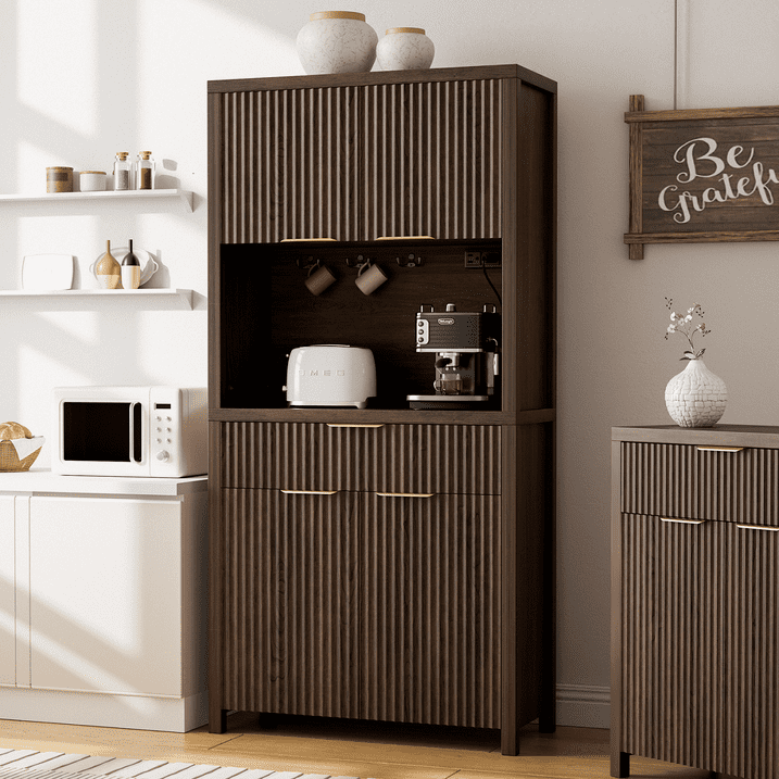 Aufeile 71" Tall Pantry Storage Cabinet with Drawer and Charging Station, Fluted Pantry Cabinet with Adjustable Shelves for Kitchen Dining Room Living Room, Black