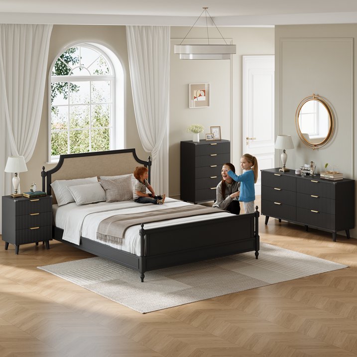 Aufeile 4 Piece Boho Dresser Set for Bedroom, 6 Drawer Dresser, 5 Drawer Tall Dresser & 2 Nightstands with 3 Drawers & USB Charging, Fluted Wood Bedroom Furniture Set, Black