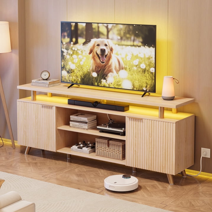 Aufeile Fluted TV Stand for TVs up to 65 Inch with Charging Station & LED Lights, 59" Modern Entertainment Center with Storage Cabinets, Wood TV Console for Living Room