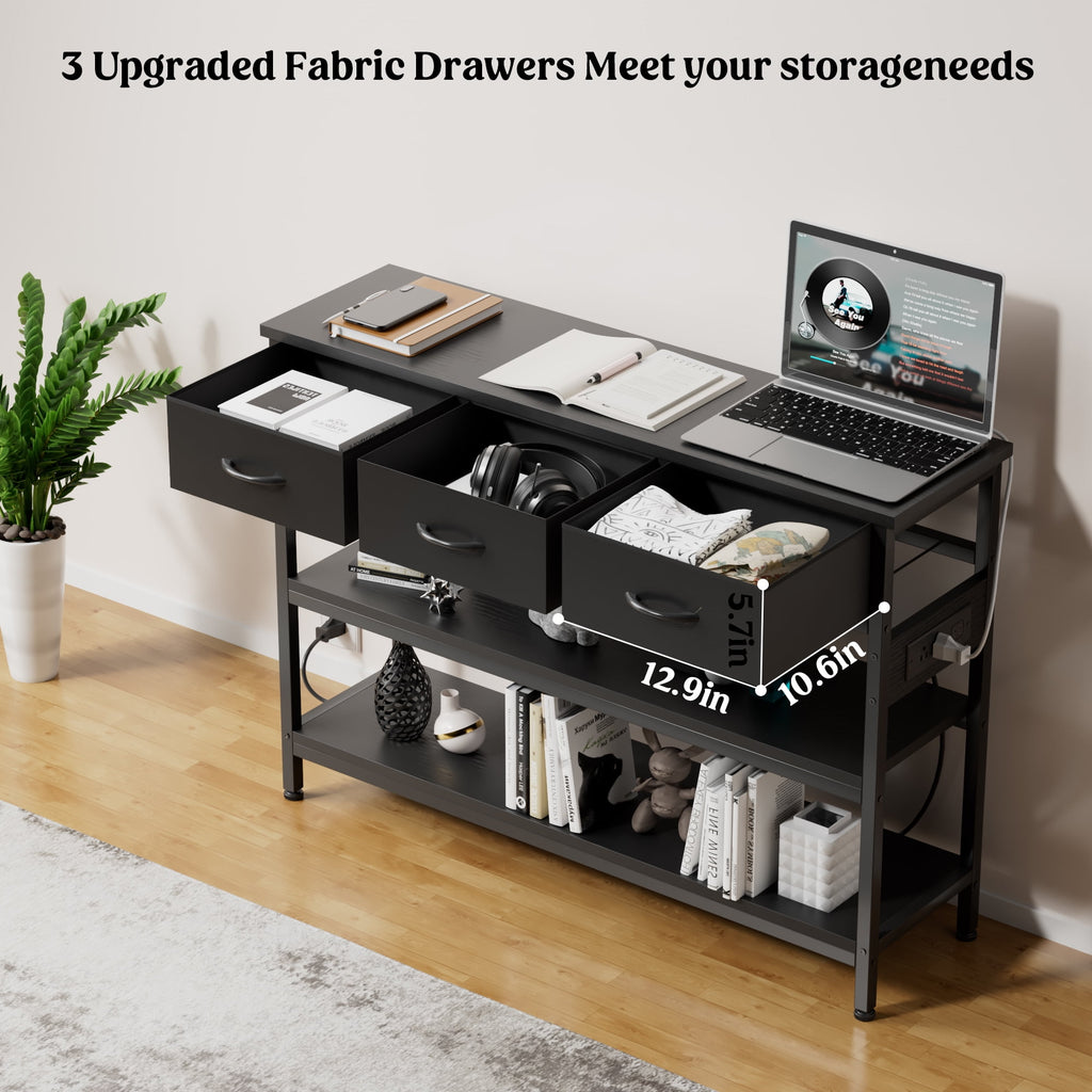 Aufeile 43" Narrow Console Table, Entryway Table with 3 Drawers and Outlets, Fabirc Sofa Table with Open Shelves for Couch, Hallway, Foyer, Living Room, Black