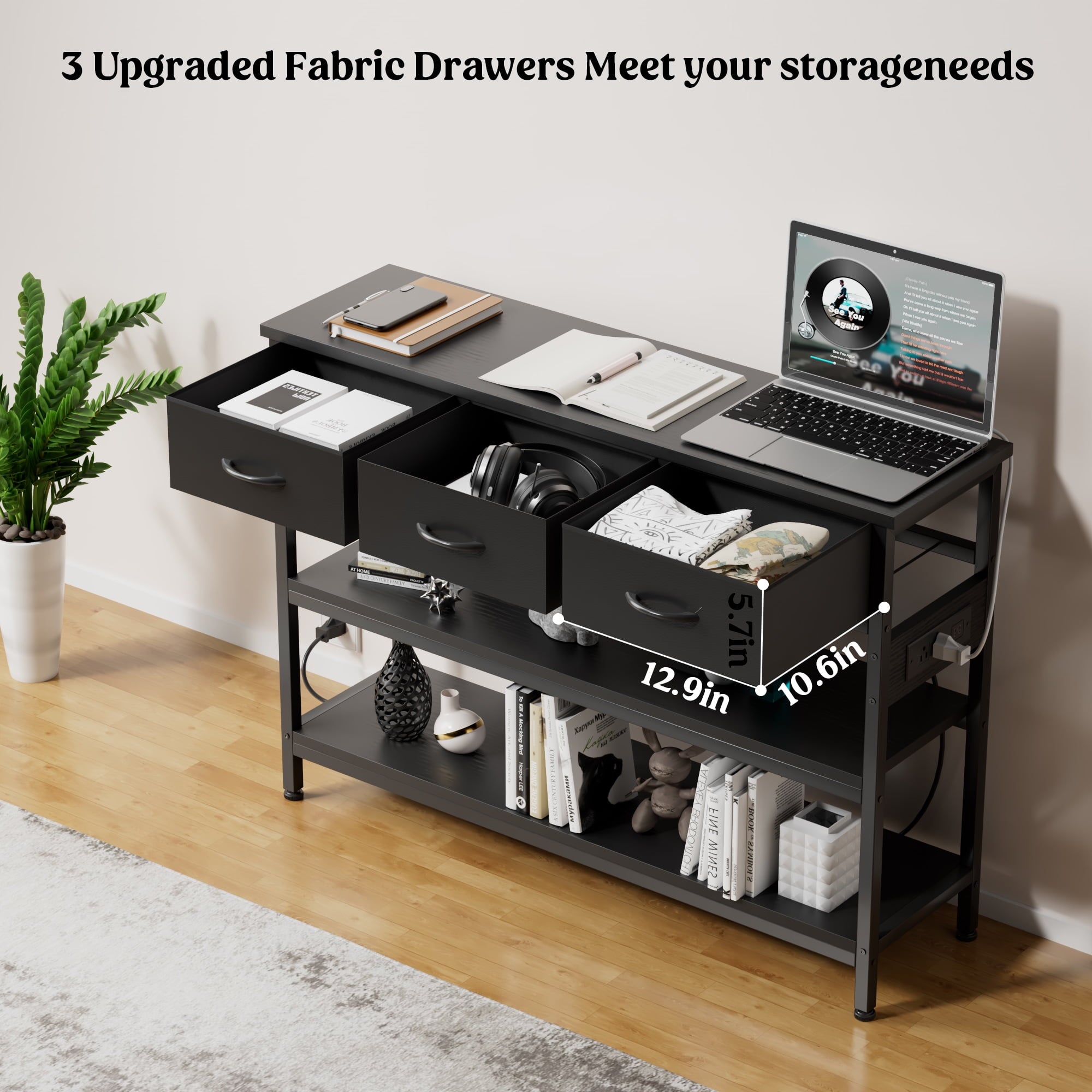 Aufeile 43" Narrow Console Table, Entryway Table with 3 Drawers and Outlets, Fabirc Sofa Table with Open Shelves for Couch, Hallway, Foyer, Living Room, Black