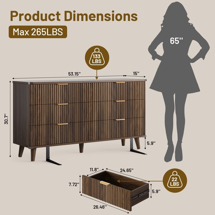 Aufeile Dresser for Bedroom, 53" 6 Drawer Dresser & Chest of Drawers with Fluted Design, Wood Dresser for Adults, Long Bedroom Dresser & Storage Organizer, Walnut