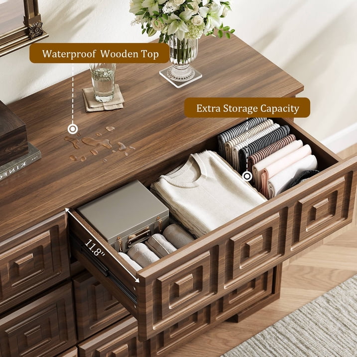 Aufeile Dresser and Nightstand 3 Piece Set - Includes Double 6 Drawer Farmhouse Dresser, Nightstand Set of 2 with Charging Station, Vintage Bedroom Set, Walnut