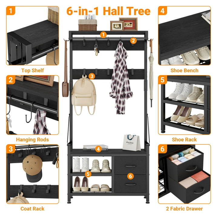 Aufeile Hall Tree with Bench, 6-in-1 Entryway Storage Organizer with Shoe Rack, 17 Hooks, 2 Drawers, Hanging Rod & Top Shelf, Industrial Coat Rack for Hallway, Living Room, Black